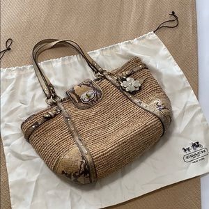 Coach straw and snakeskin tote